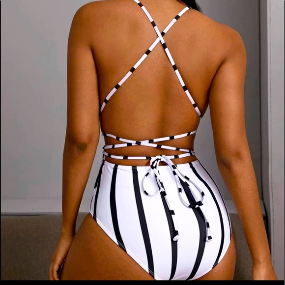 Woman’s Striped Criss Cross One Piece Swimsuit - Picture 2 of 3